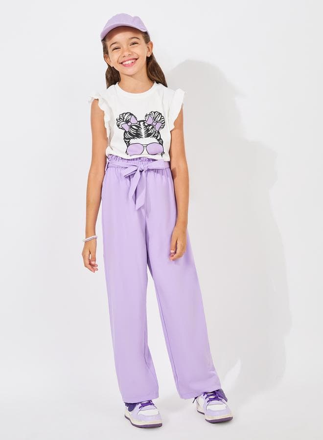 Purple Ruffle Trim Printed Top & Paperbag Pants Set - Image 1