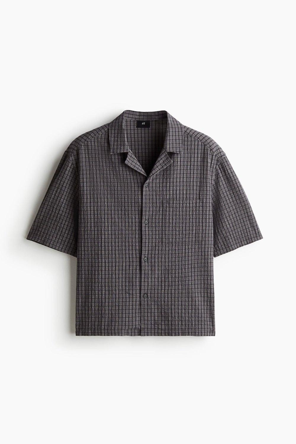 Loose Fit Seersucker Resort Shirt – Dark Grey Check - Image 1
