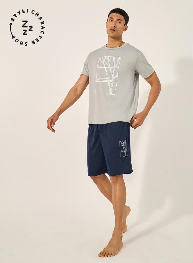 Men’s Grey Graphic Print T-Shirt & Shorts Pyjama Set - Image 1