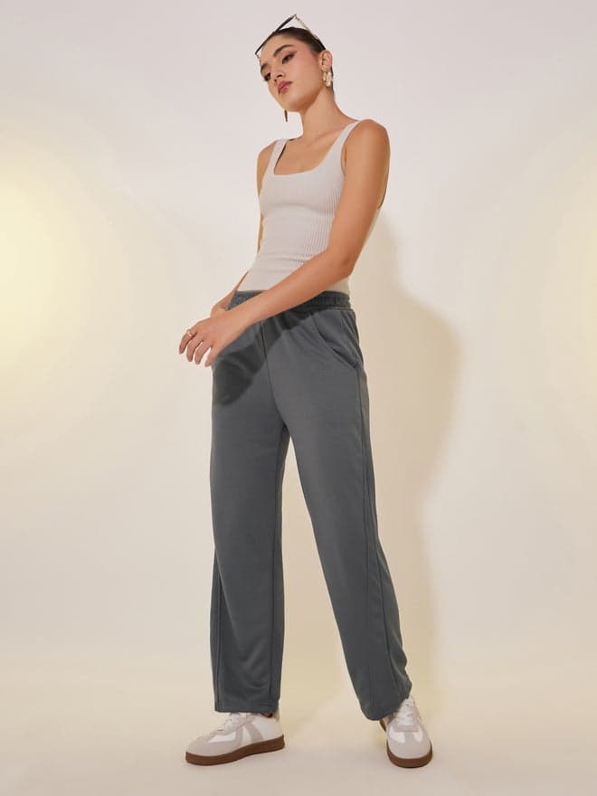 Grey Solid Wide Leg High-Rise Cotton Pants - Image 1