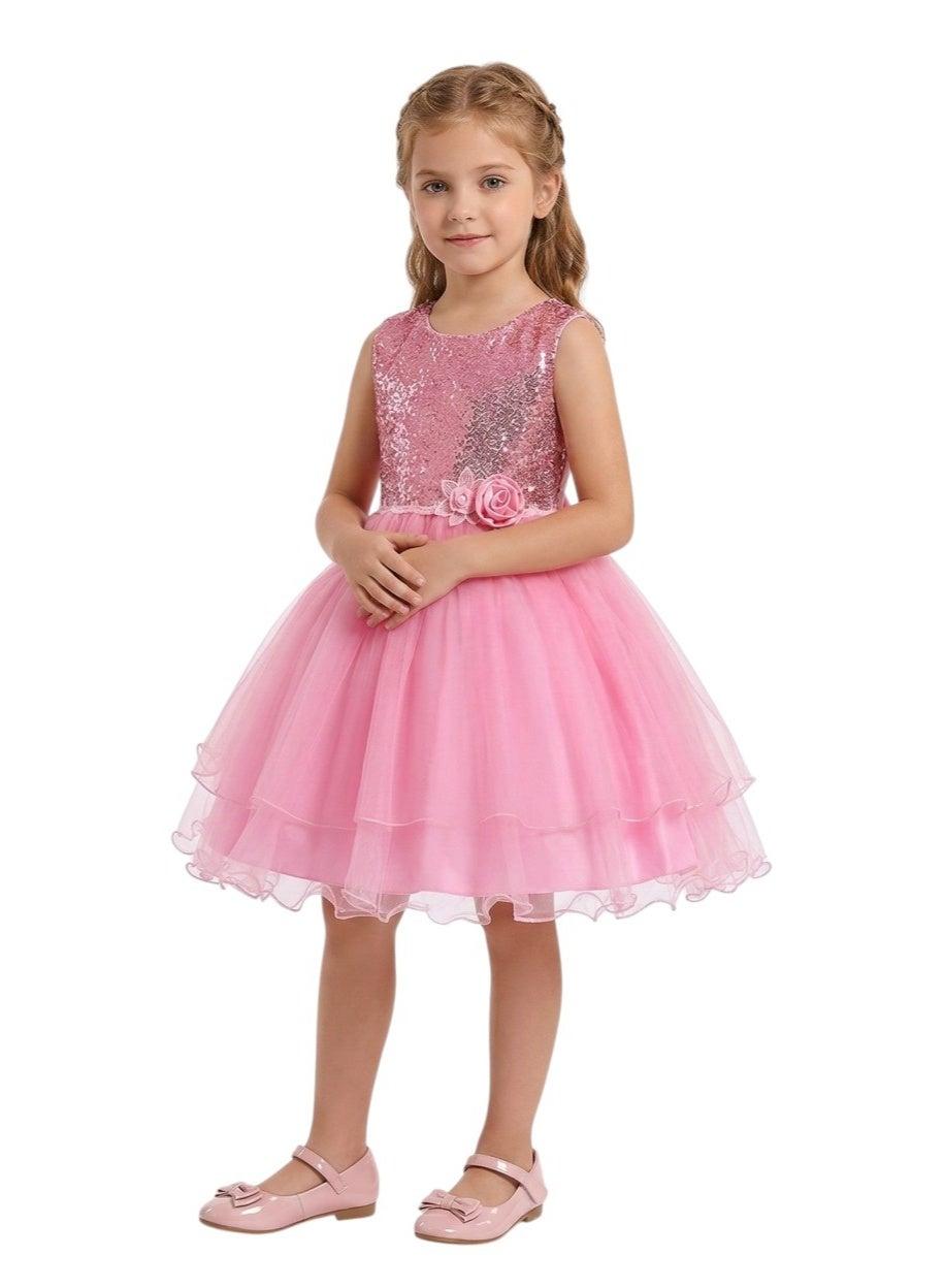 Pink Sequin Tulle Party Dress with Rose Accent - Image 1