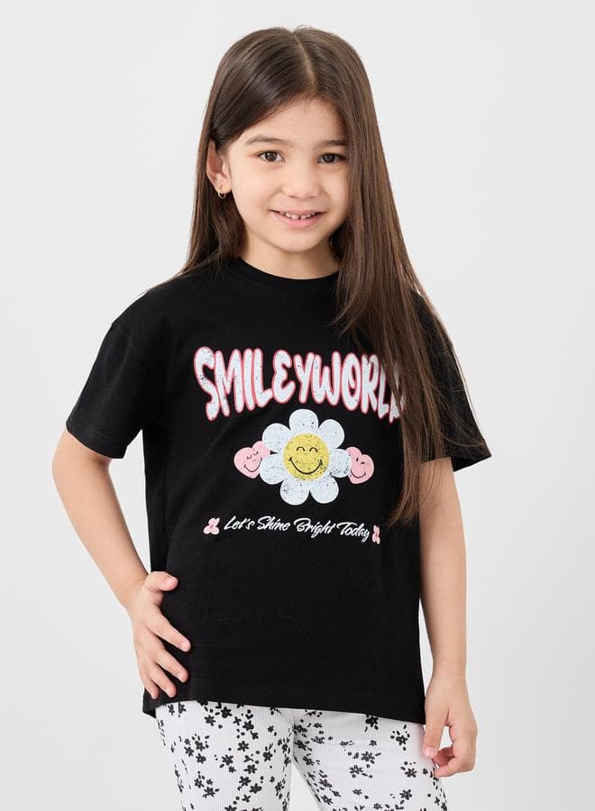 Black Graphic Print Oversized Round Neck T-Shirt - Image 1