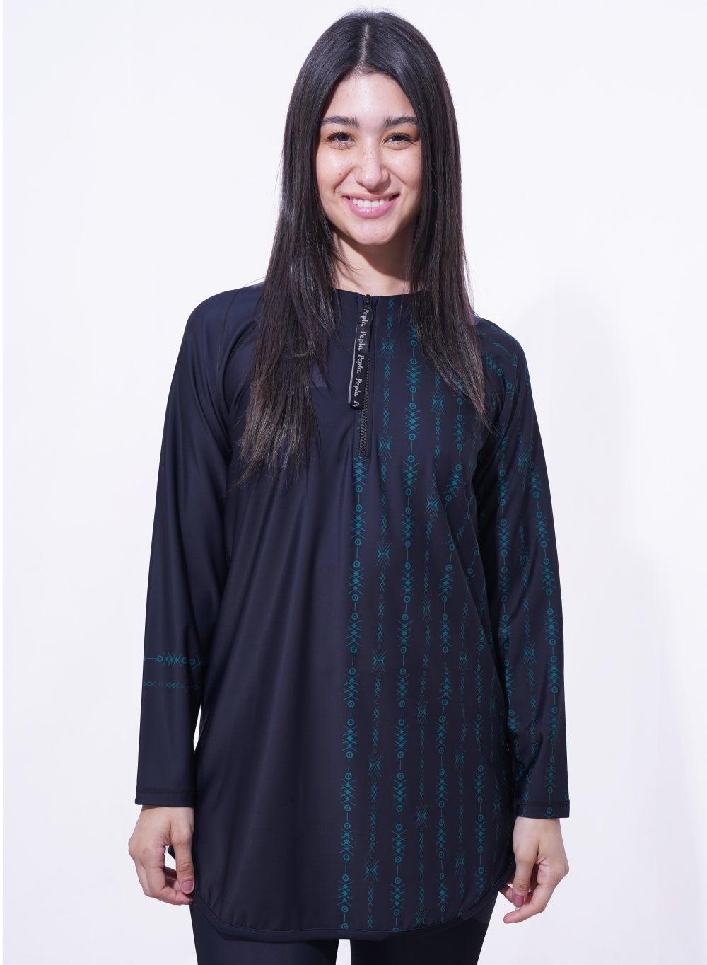 Bohemian Long Rashguard Swim Top in Teal Geo Print - Image 1
