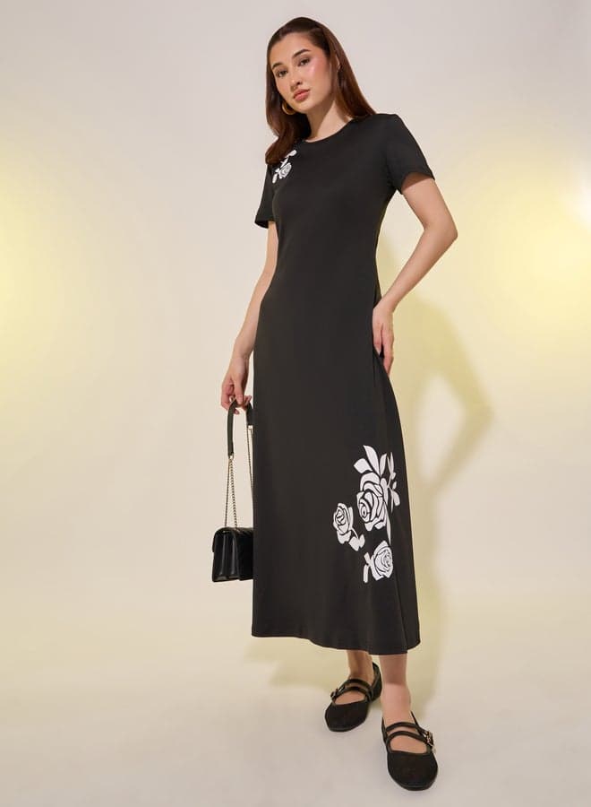 Styli Black Floral A-Line Midi Dress 7016330201 - Image 1
