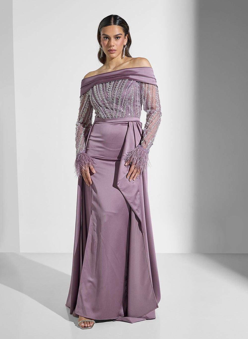 Lilac Feathered Off-Shoulder Evening Dress - Image 1