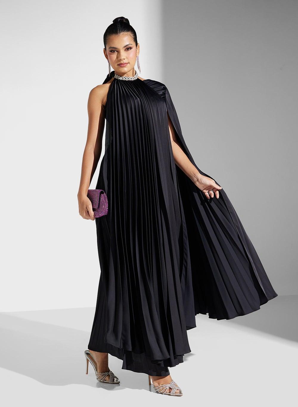 Flute Sleeves Plisse Halter Maxi Dress - Image 1