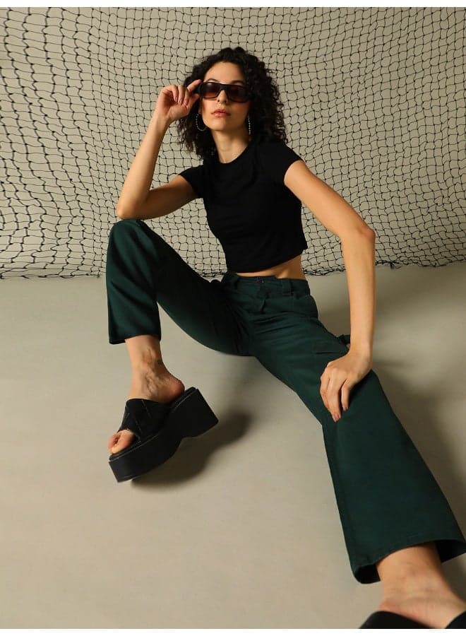 Forest Green Dad Fit Cargo Trousers for Women - Image 1