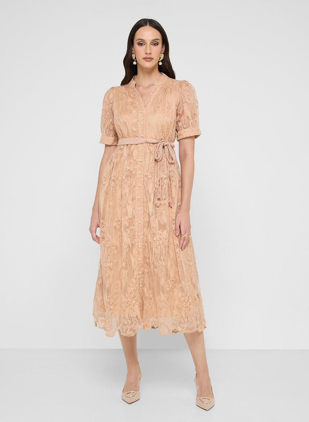 Peach Lace Puff Sleeve Midi Dress Vt609 - Image 1