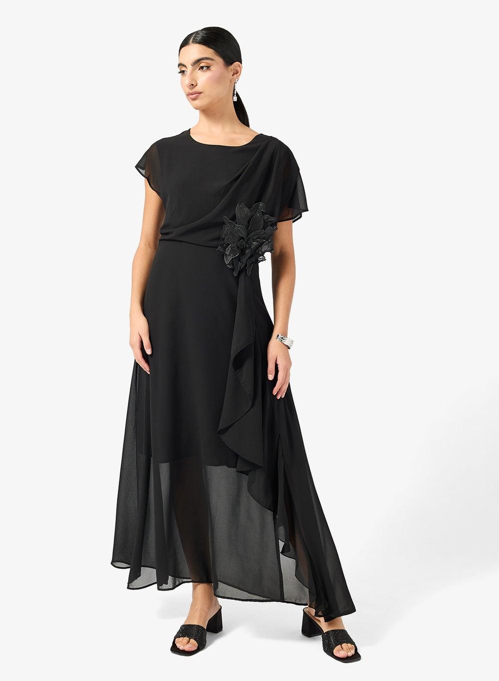 Black A-Line Maxi Dress Clt256102 with Waist Corsage - Image 1