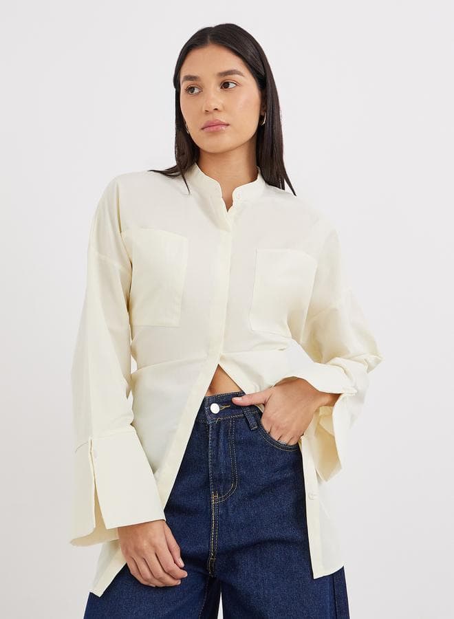 Cream Relaxed Longline Shirt with Pockets - Image 1