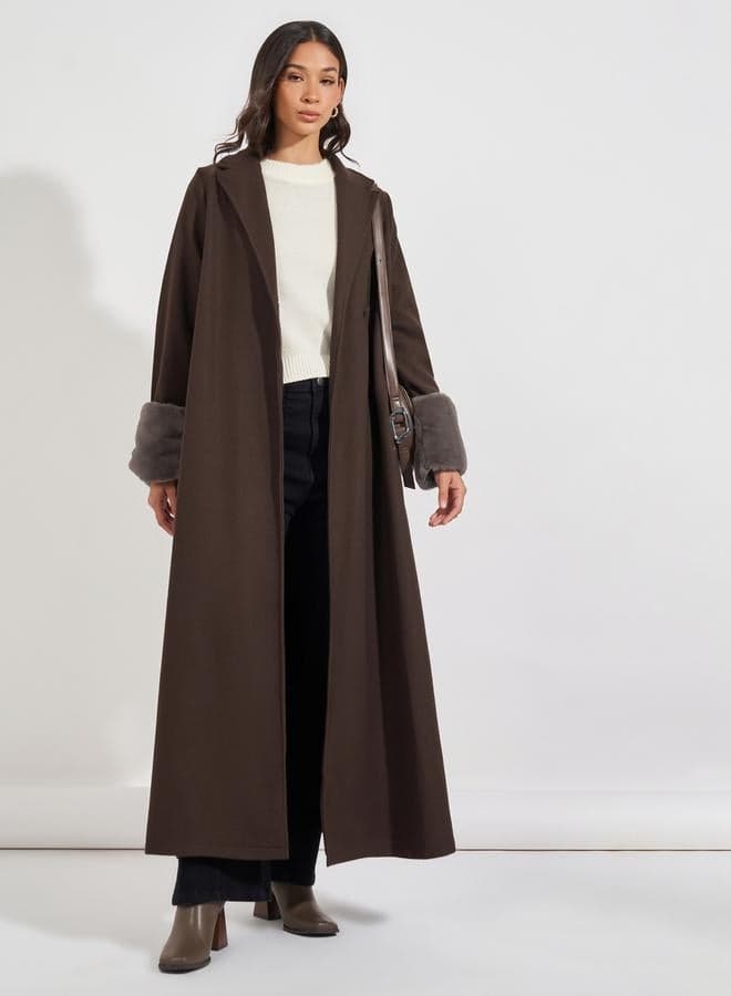 Collared Maxi Abaya with Faux Fur Cuff Trim - Image 1