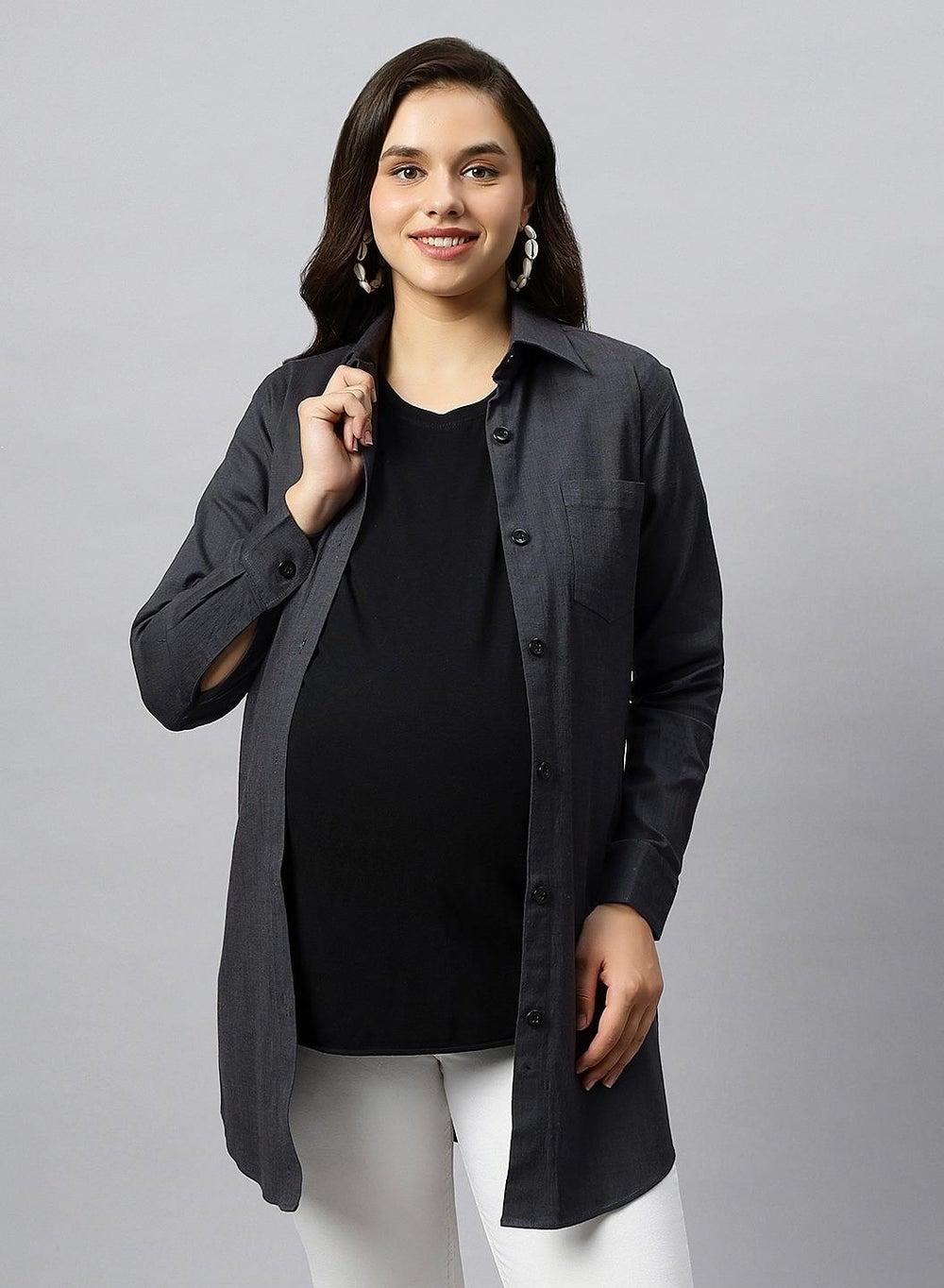 Oversized Cotton Lycra Denim Maternity Shirt - Image 1