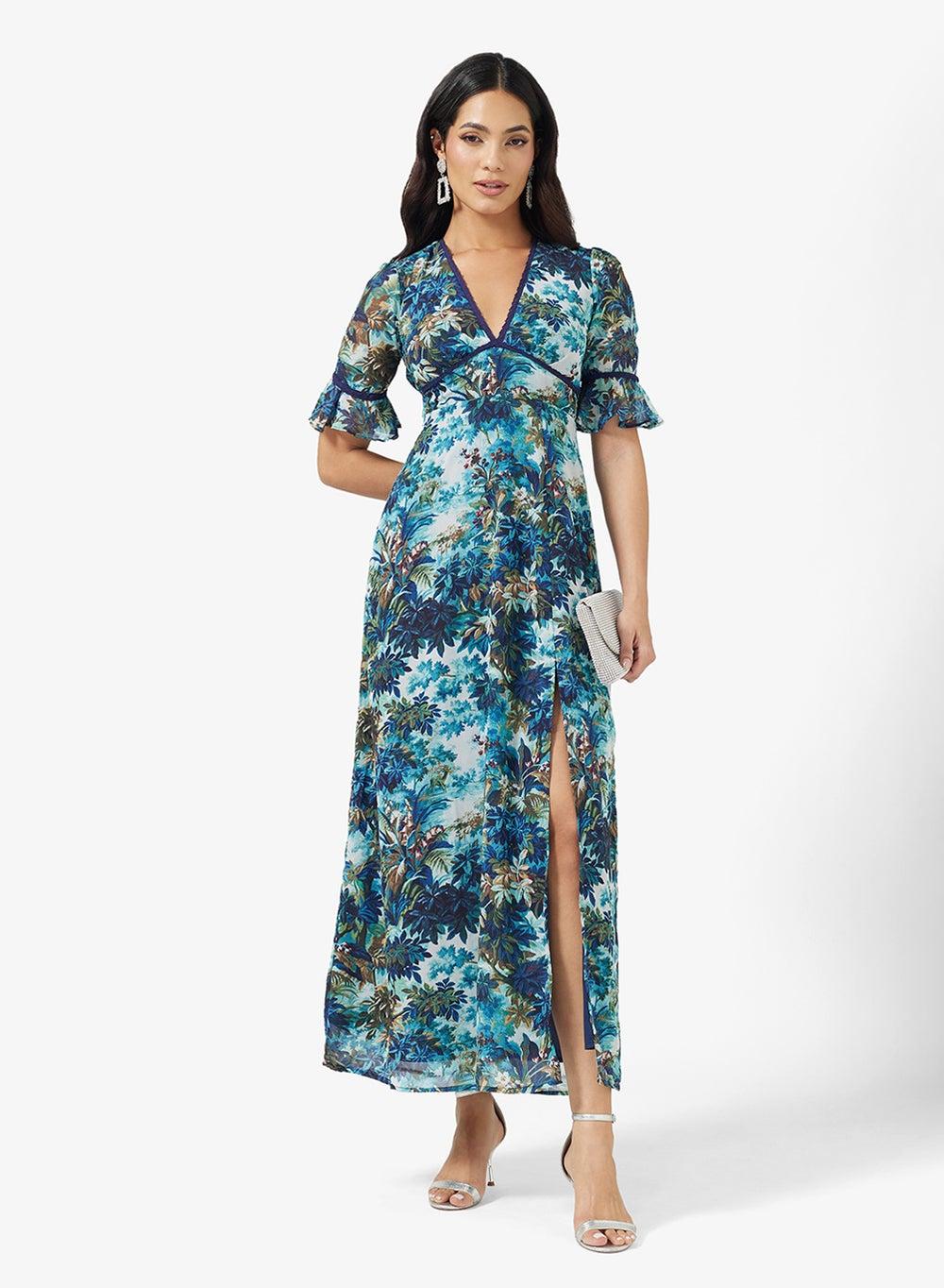 Dakota Blue Floral Frill Sleeve Maxi Dress Hi/4258 - Image 1