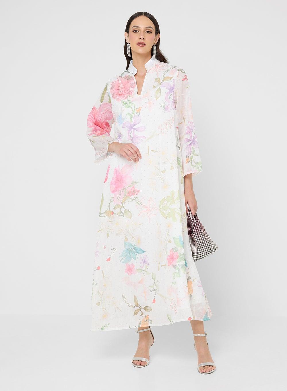 Floral Print Jalabiya MT2503 Flared White Elegance - Image 1