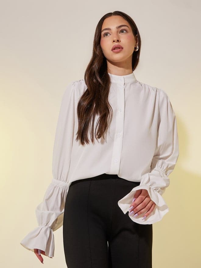 White Lantern Sleeve Oversized Polo Shirt - Image 1