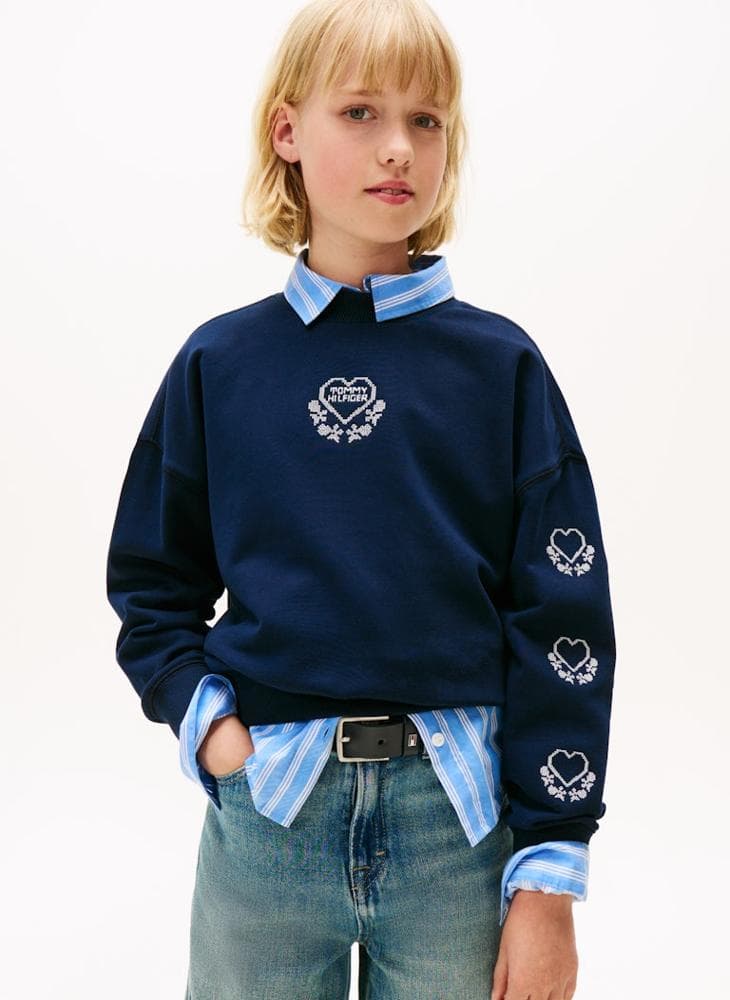 Kids Camp Heart Embroidered Blue Sweatshirt Kg0Kg08782C1G - Image 1