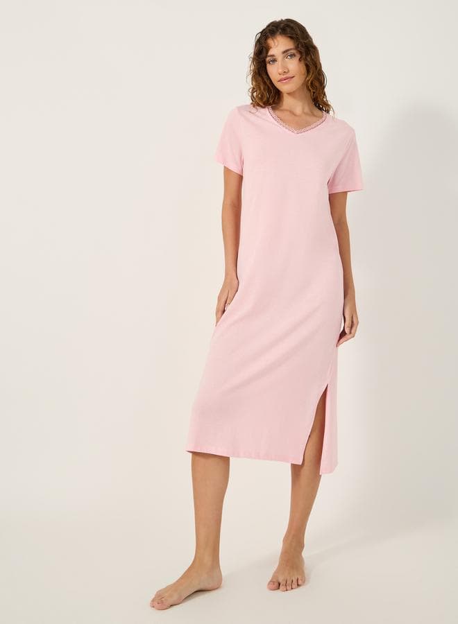 Pink Lace Trim V-Neck Midi Nightdress 7011387228 - Image 1