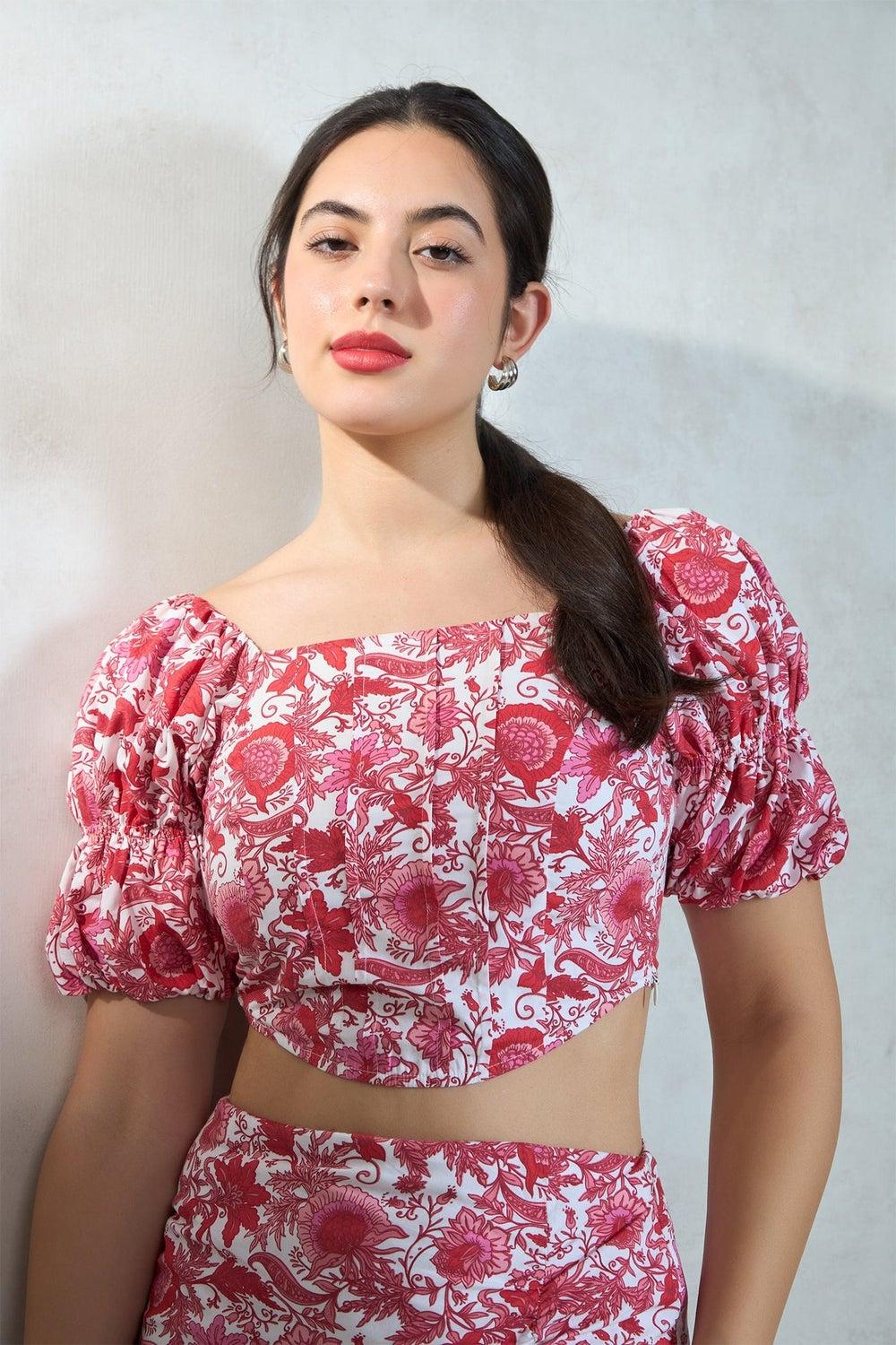 Floral Cotton Corset Top with Puff Sleeves Red - Image 1