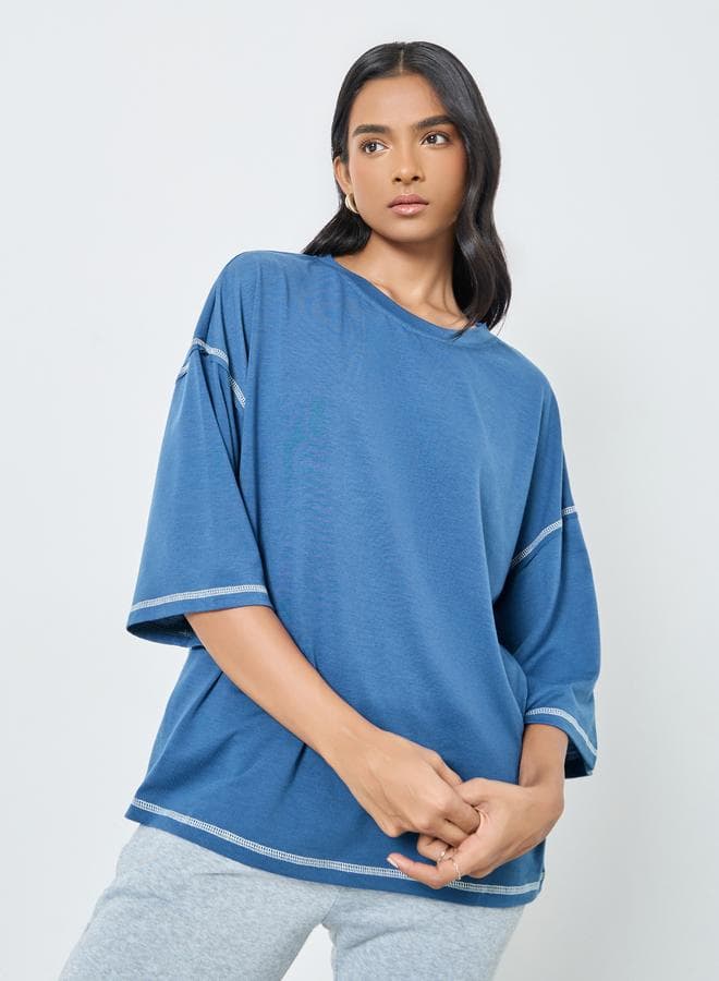 Contrast Stitch Oversized Blue T-Shirt - Image 1
