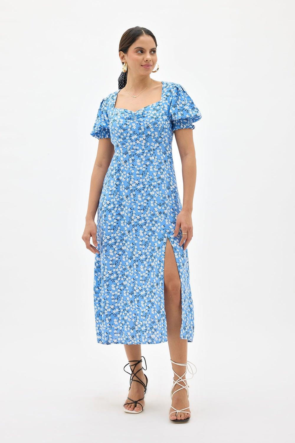 Sky Blue Floral Viscose Midi Dress with Puff Sleeves - Image 1