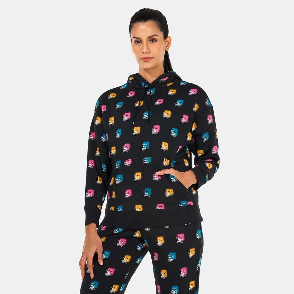 Women’s Brand Love Allover Print Hoodie Black - Image 1