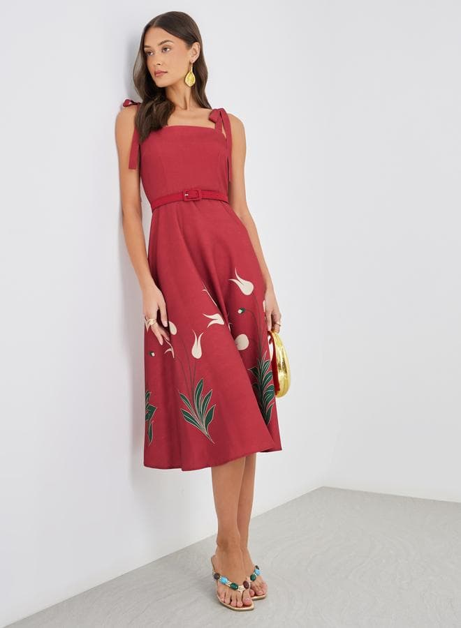 Ruby Floral Strappy A-Line Midi Dress with Belt - Image 1