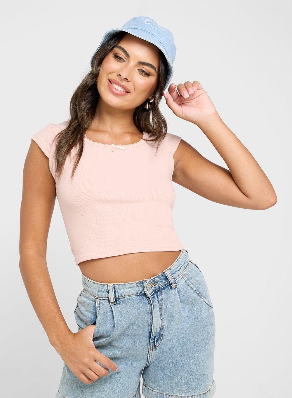 Pink Lace Trim Ribbed Cropped T-Shirt Gb2514 - Image 1