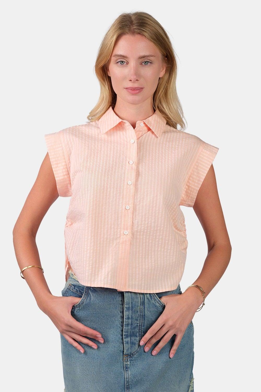Orange Striped Cotton Ruched Shirt Classic Fit - Image 1