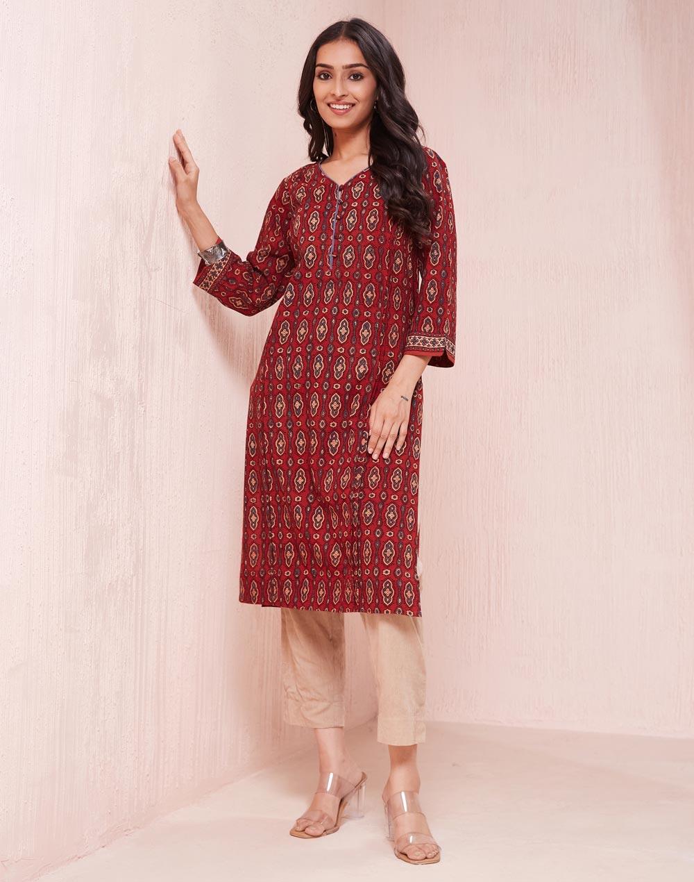 Maroon Ajrakh Cotton Knee-Length Kurta V-Neck - Image 1