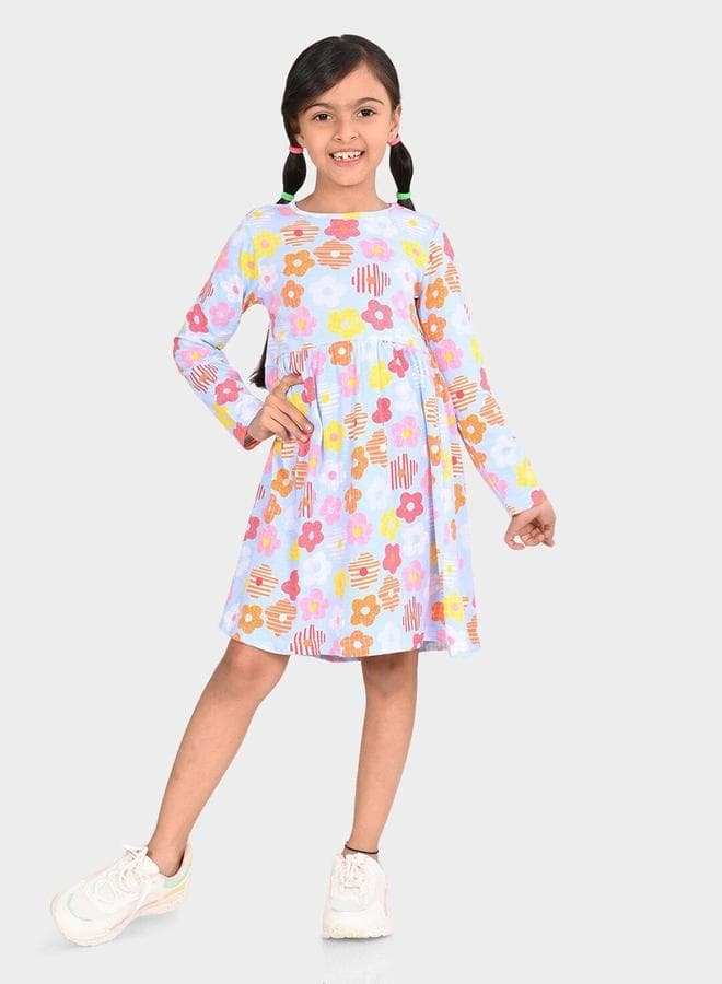 Girls Blue Multicolour Cotton Printed A-Line Dress - Image 1