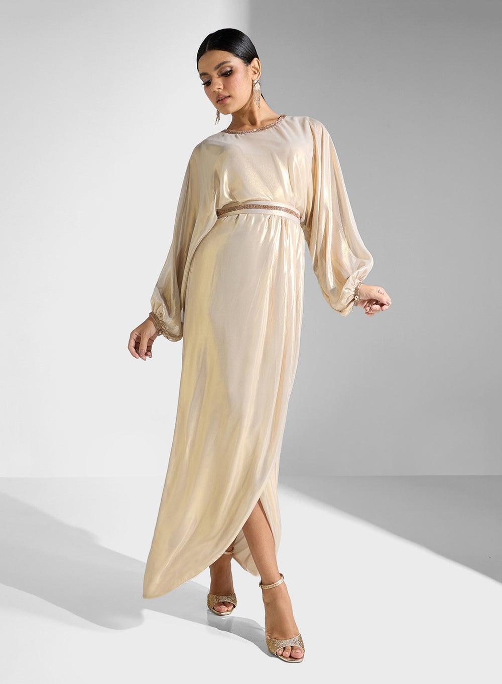 Champagne Silk Balloon Sleeve Maxi Dress - Image 1