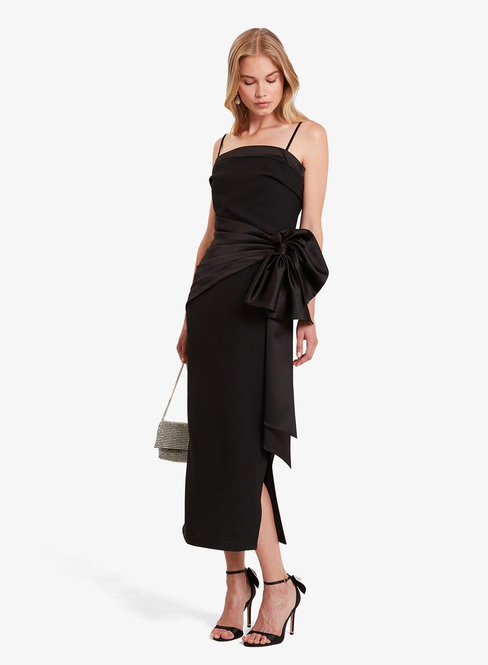 S281111 Satin Bow Tailored Sleeveless Midi Dress - Image 1
