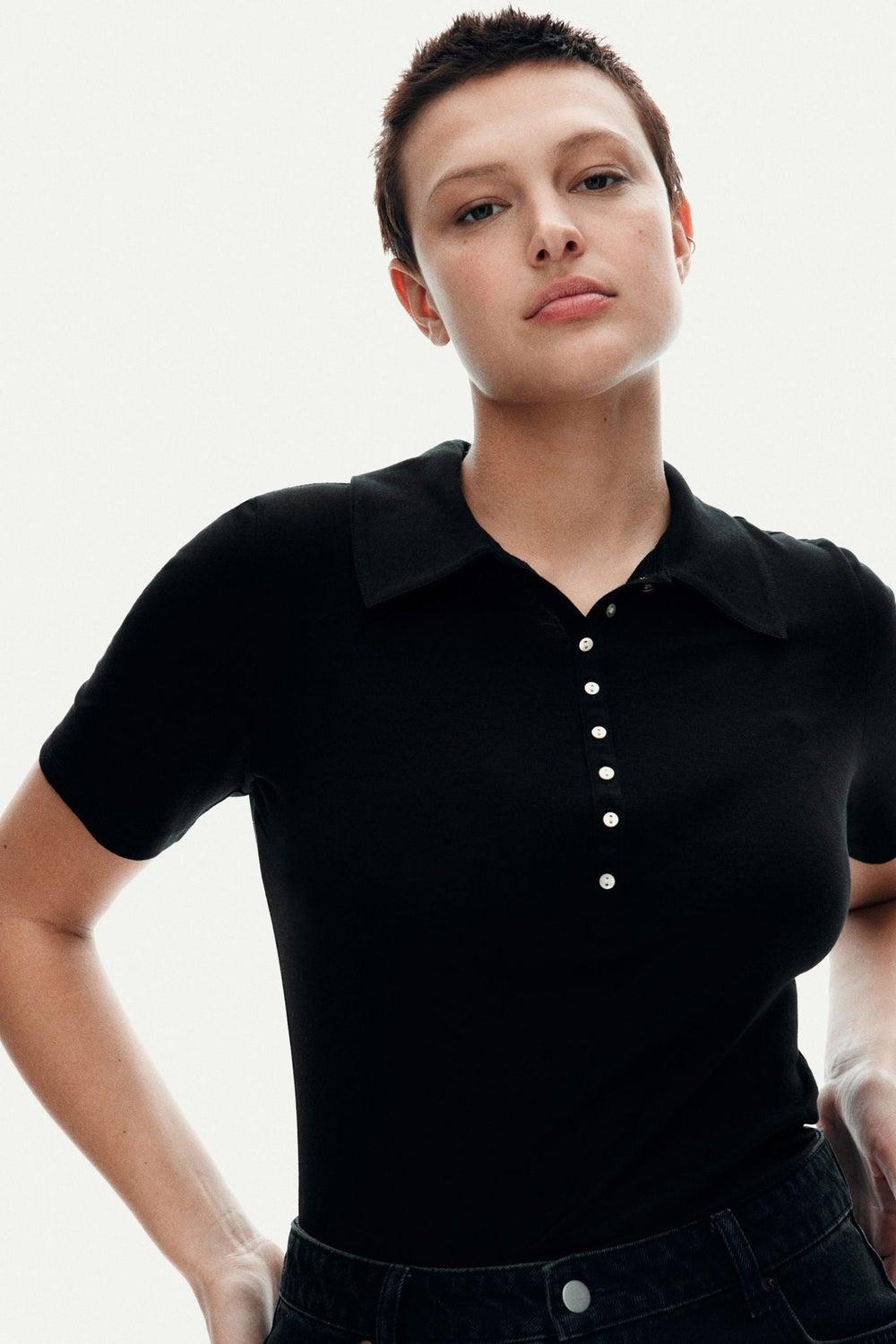 Fitted Sheer Jersey Polo Shirt with Pearly Buttons - Image 1