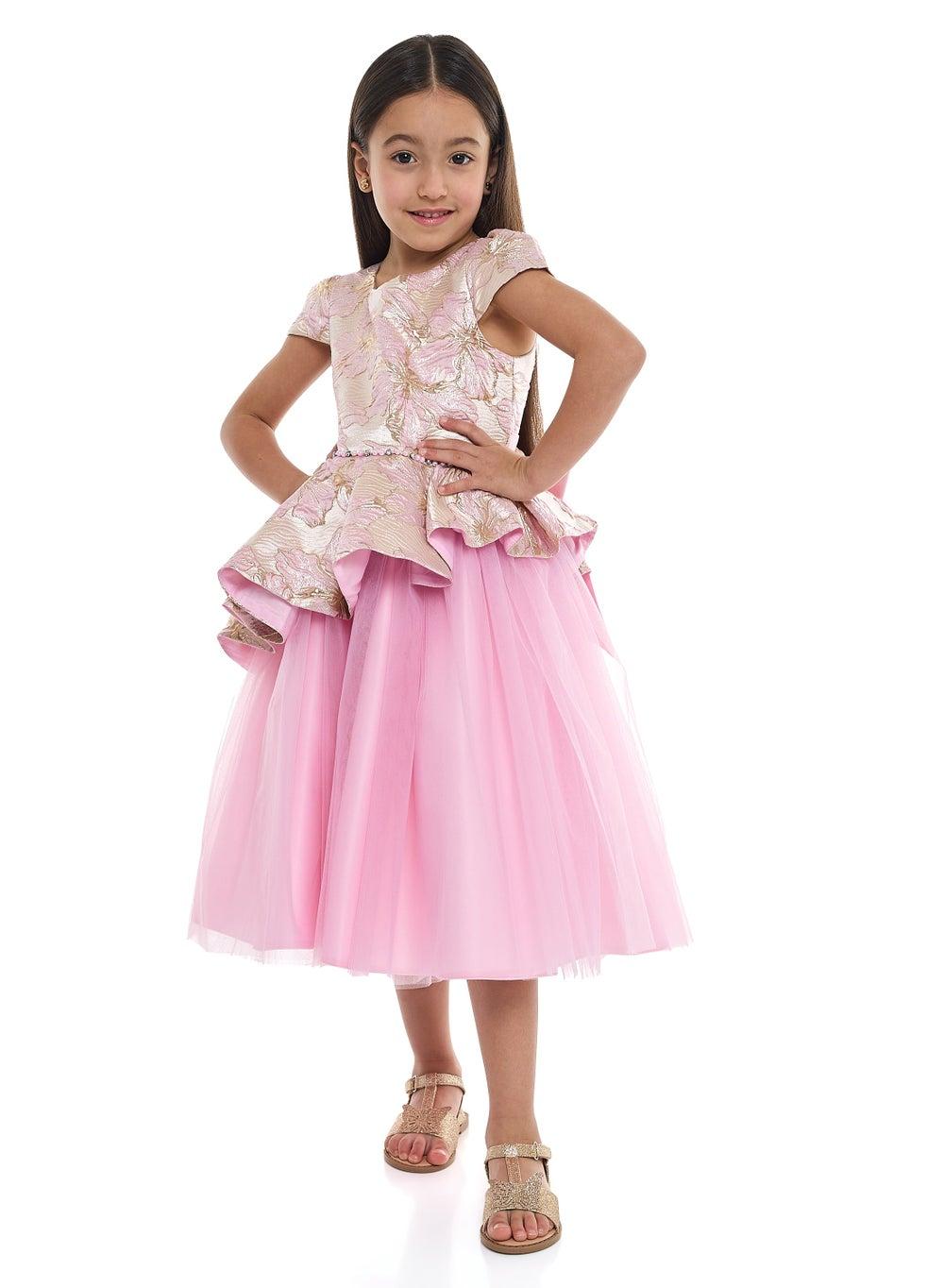 Girls Floral Peplum Tulle Midi Dress - Image 1
