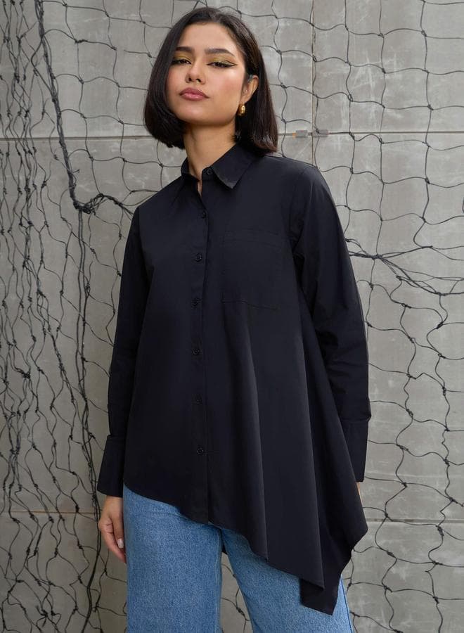 Black Poplin Asymmetric Hem Oversized Shirt - Image 1