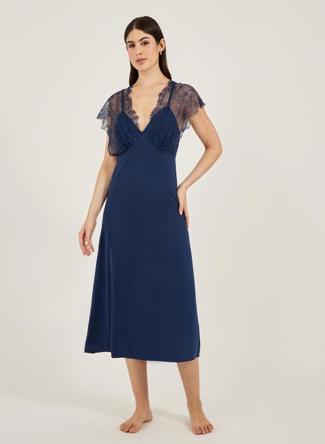 Navy Blue Galloon Lace Trim Nightdress 7011741201 - Image 1