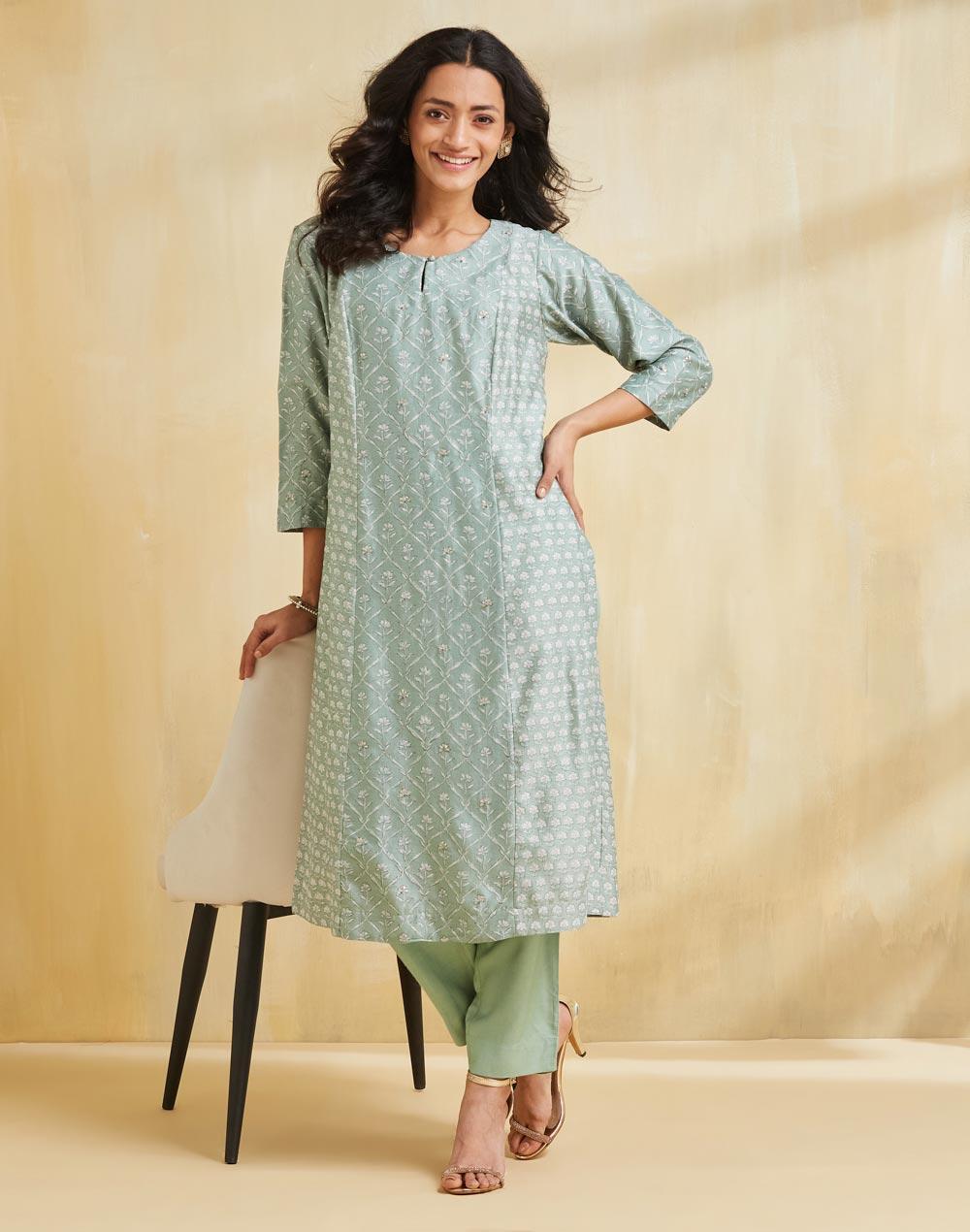 Turquoise Cotton Silk Hand Block Slim Fit Kurta - Image 1