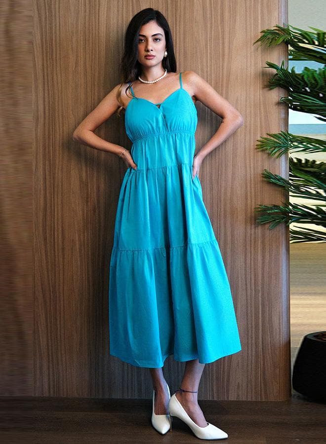Aqua Cotton Tiered Midi Dress with Back Tie Detail - Image 1