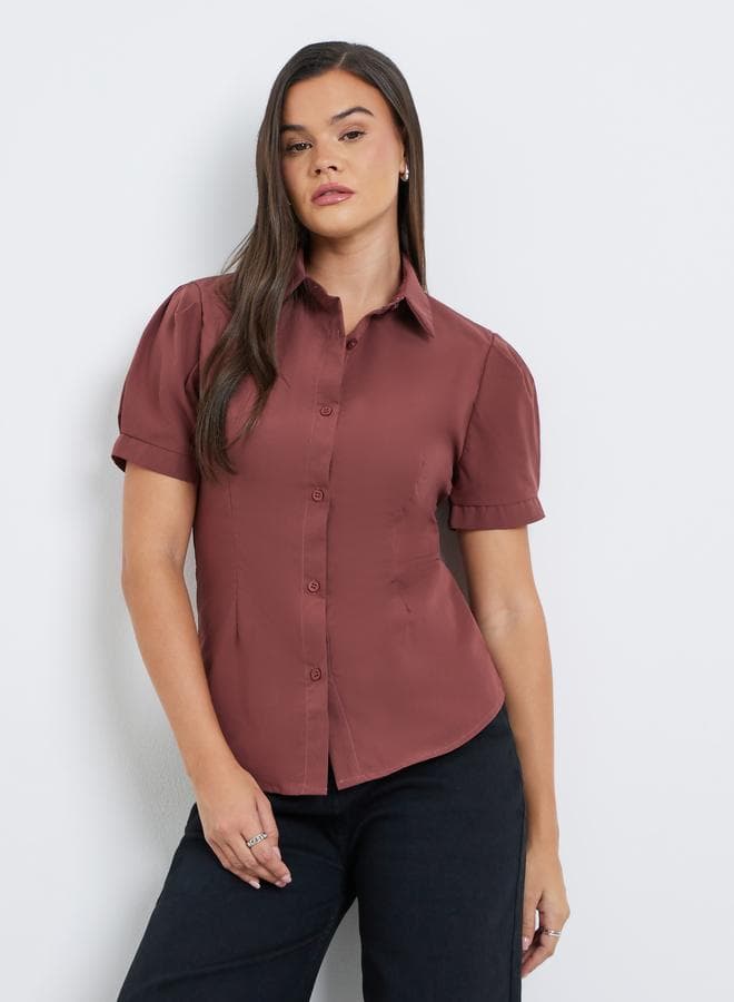 Styli Brown Puff Sleeve Spread Collar Shirt - Image 1