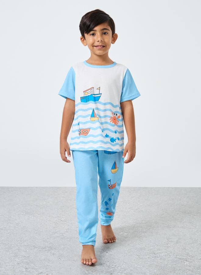 Styli Boys Blue Boat Graphic Pyjama Set - Image 1