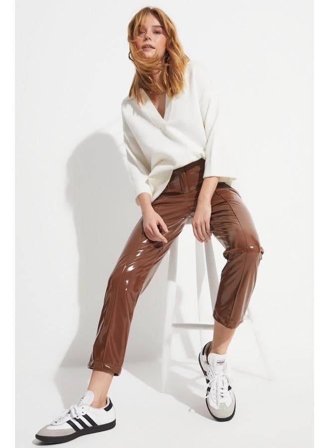 June Tan Patent Leather Cropped Trousers - Image 1