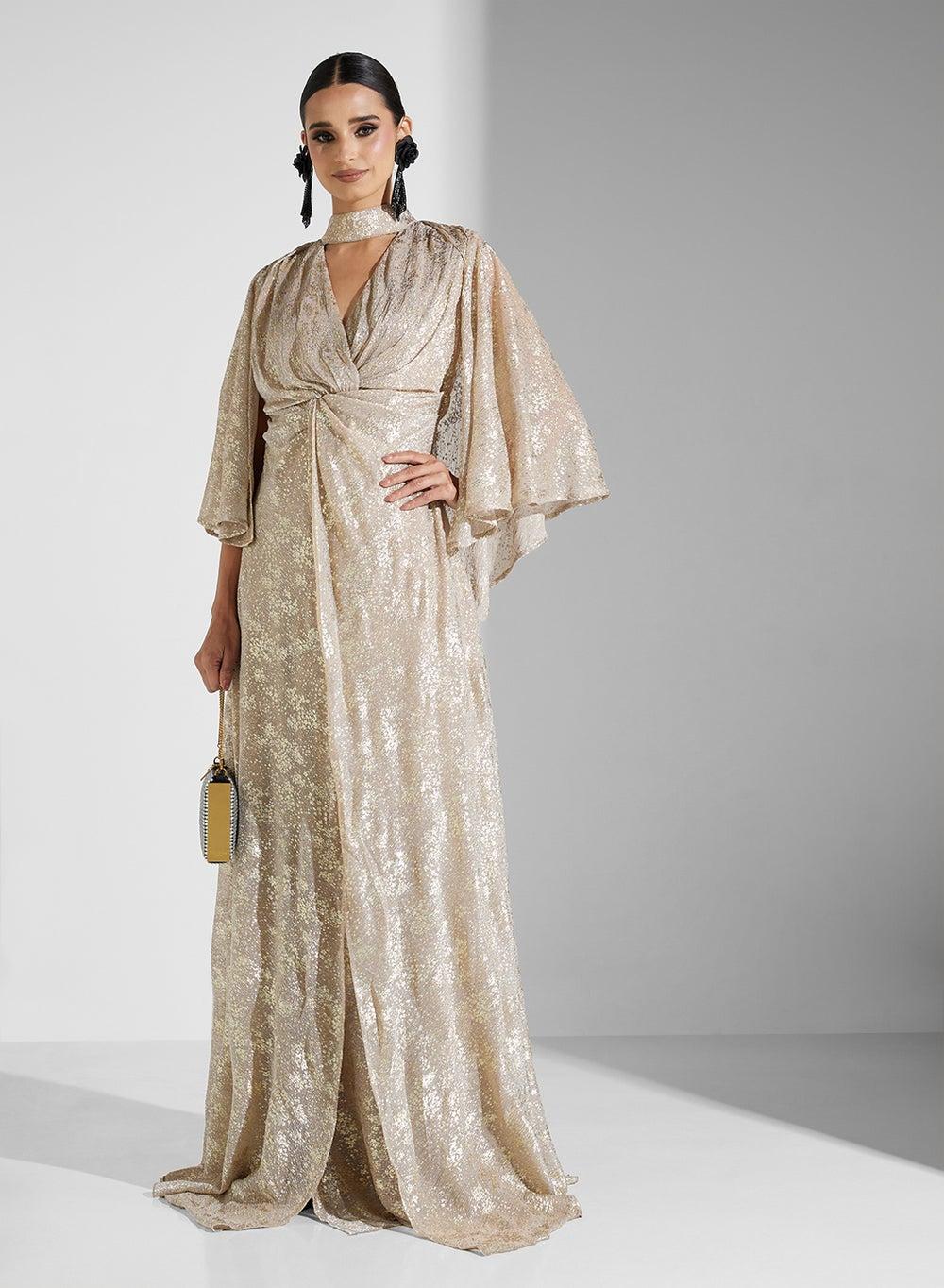 Metallic Golden Beige Wrap Maxi Dress 3/4 Sleeves - Image 1