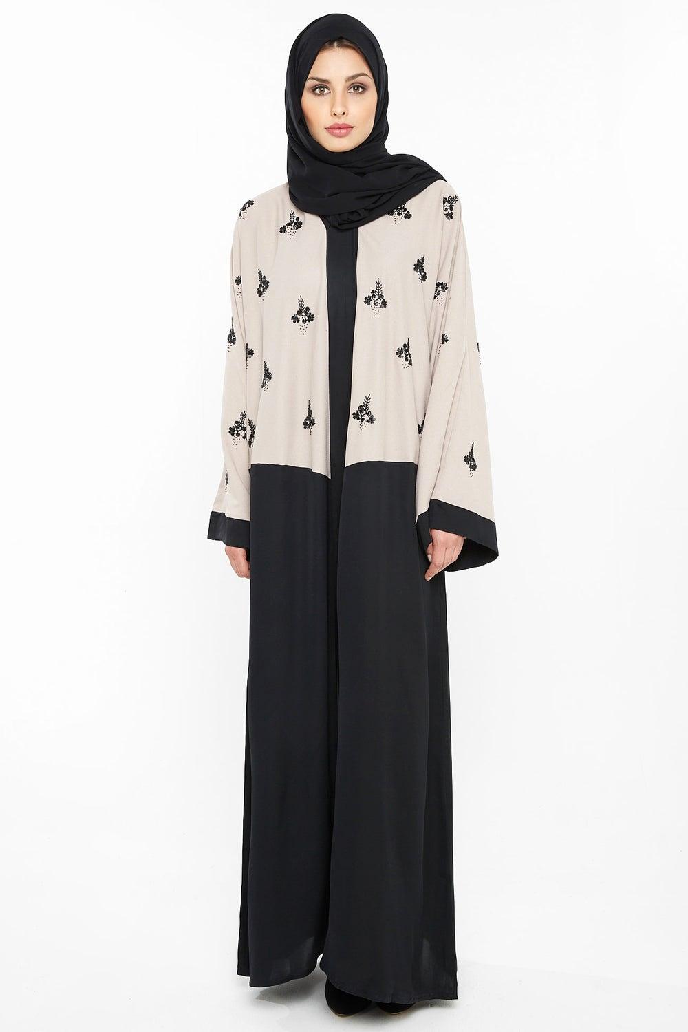 Cream Floral Embroidered Abaya Aj397A with Matching Sheila - Image 1