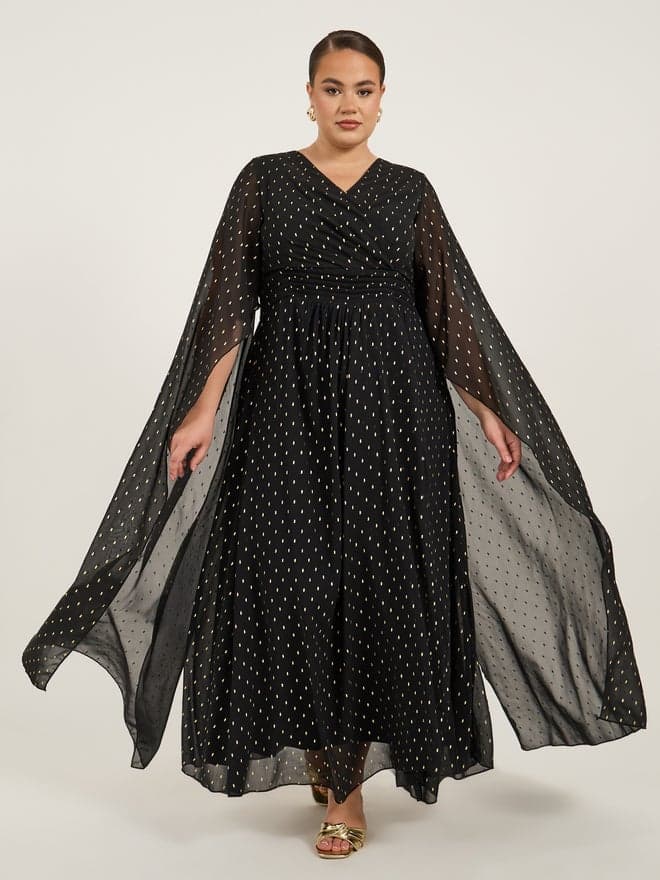 Black Cape Sleeve Maxi Dress with Gold Dot Detail - Image 1