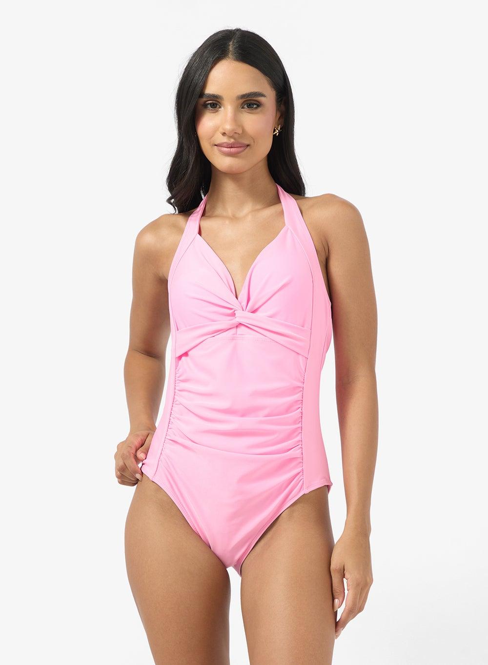 Pink Strappy Ruched Swimsuit for Women - Image 1