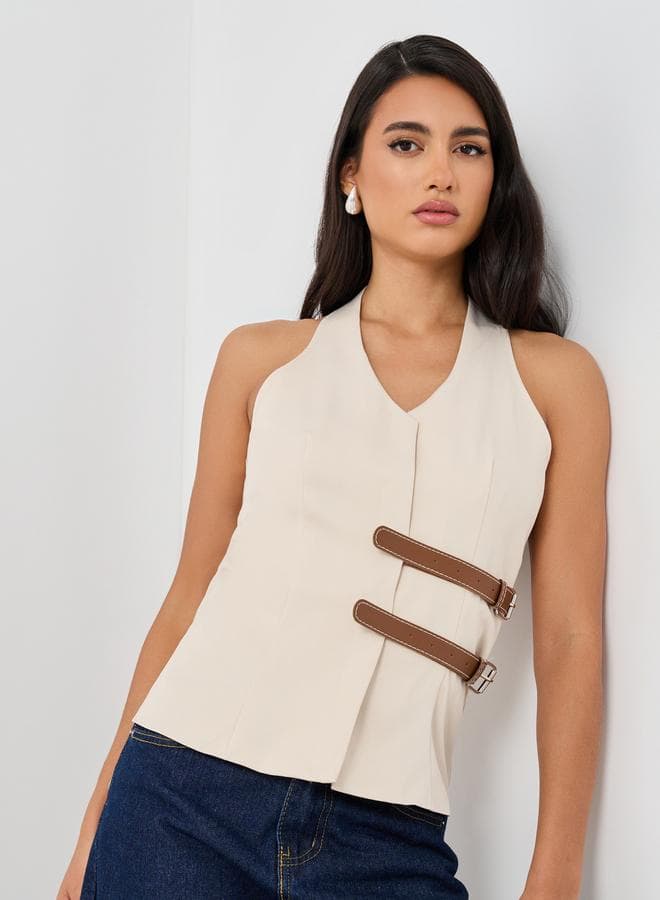 Beige V-Neck Waistcoat with Faux Leather Belt Detail - Image 1