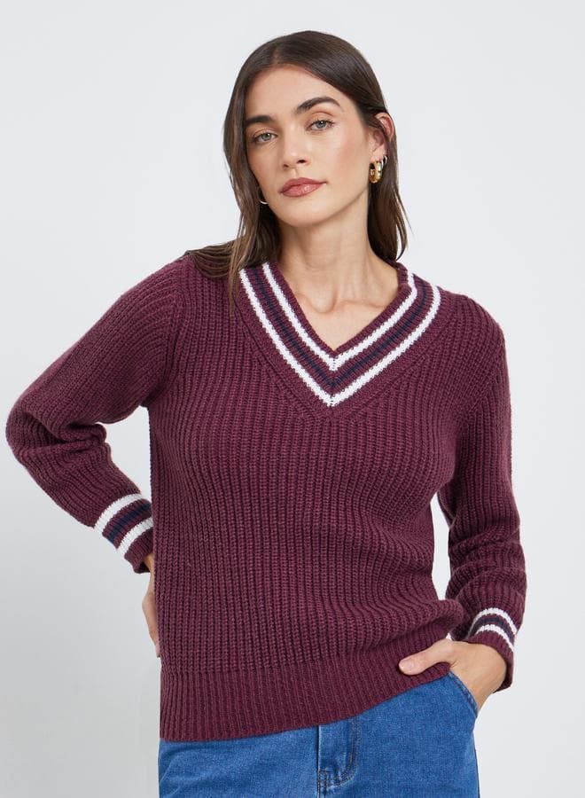 Styli Burgundy Striped V-Neck Knit Sweater - Image 1