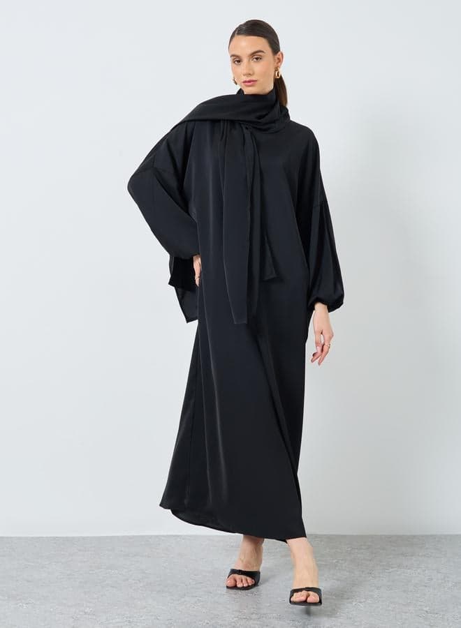 Black Volume Sleeve Abaya with Matching Scarf - Image 1