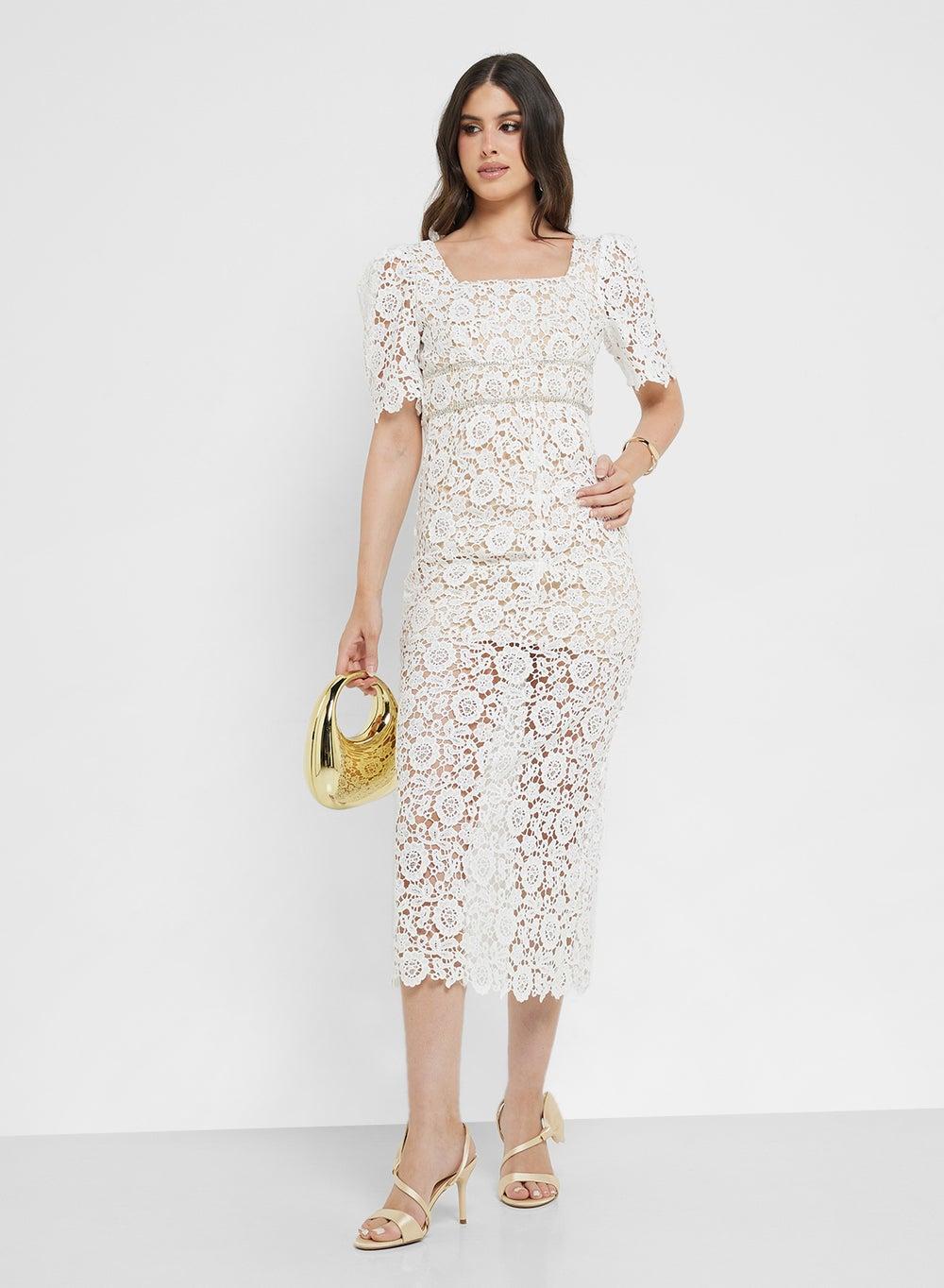 White Lace Bodycon Midi Dress 6808 - Image 1