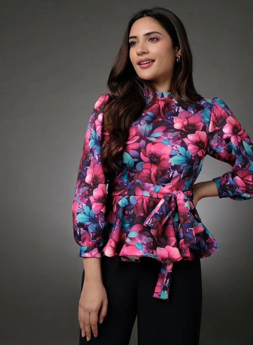 Floral Print Peplum Top with Puffed Sleeves - Image 1